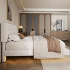 White Boucle Floating Bed with Light,Queen Bed Frame