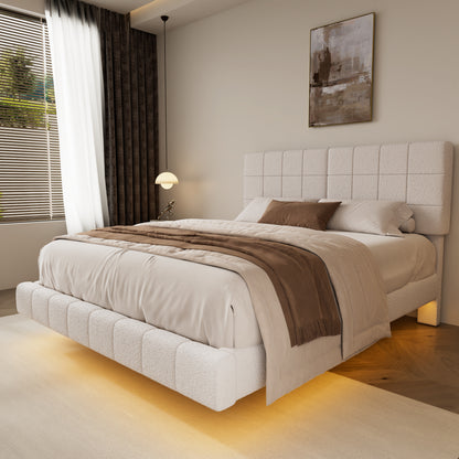 White Boucle Floating Bed with Light,Queen Bed Frame