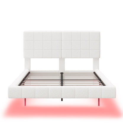 White Boucle Floating Bed with Light,Queen Bed Frame