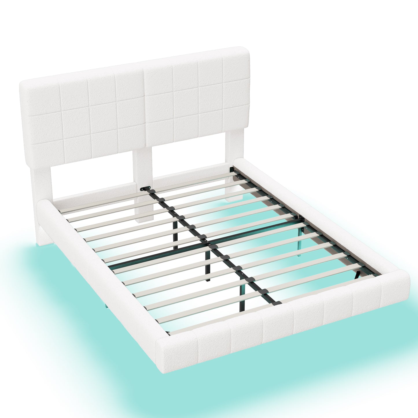 White Boucle Floating Bed with Light,Queen Bed Frame