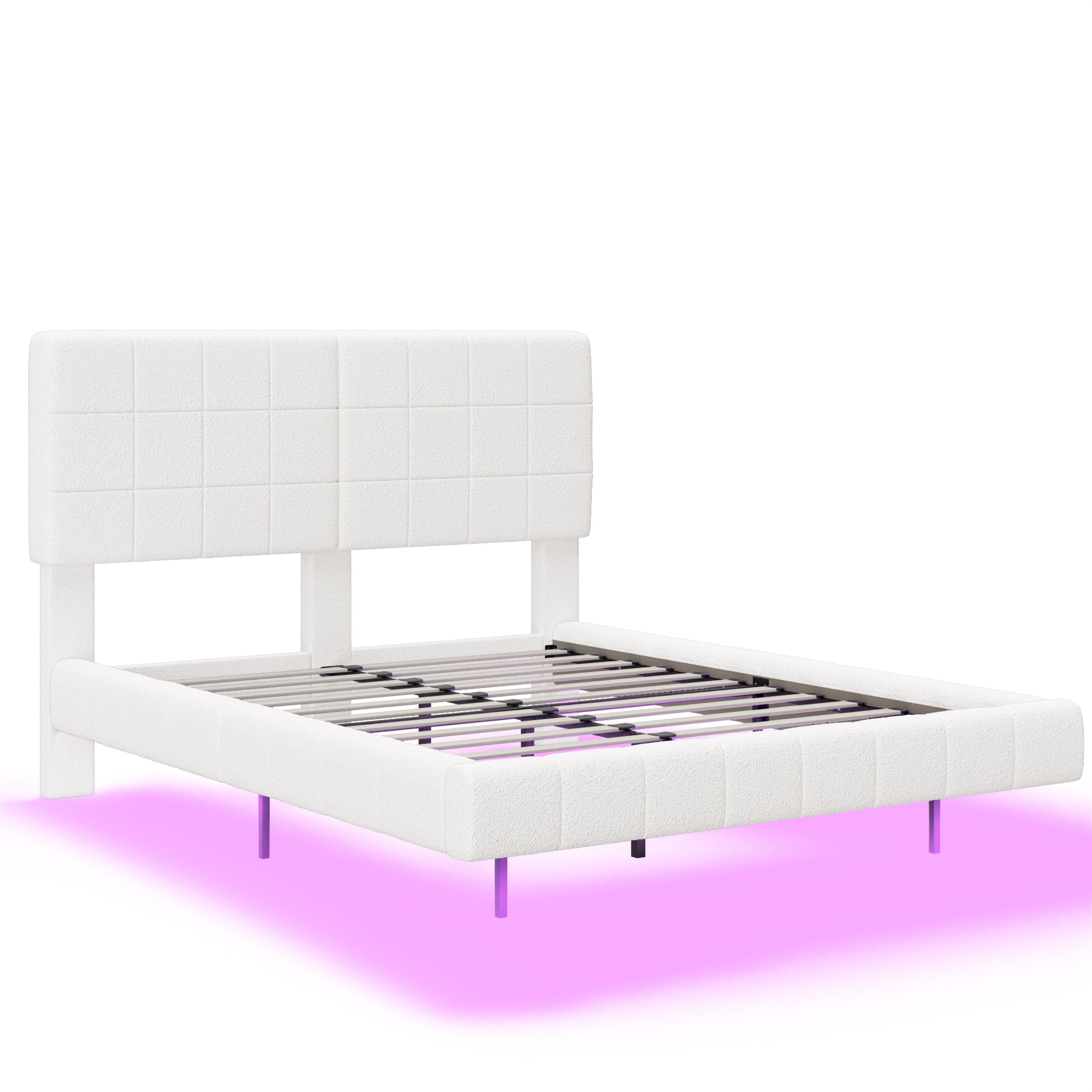 White Boucle Floating Bed with Light,Queen Bed Frame