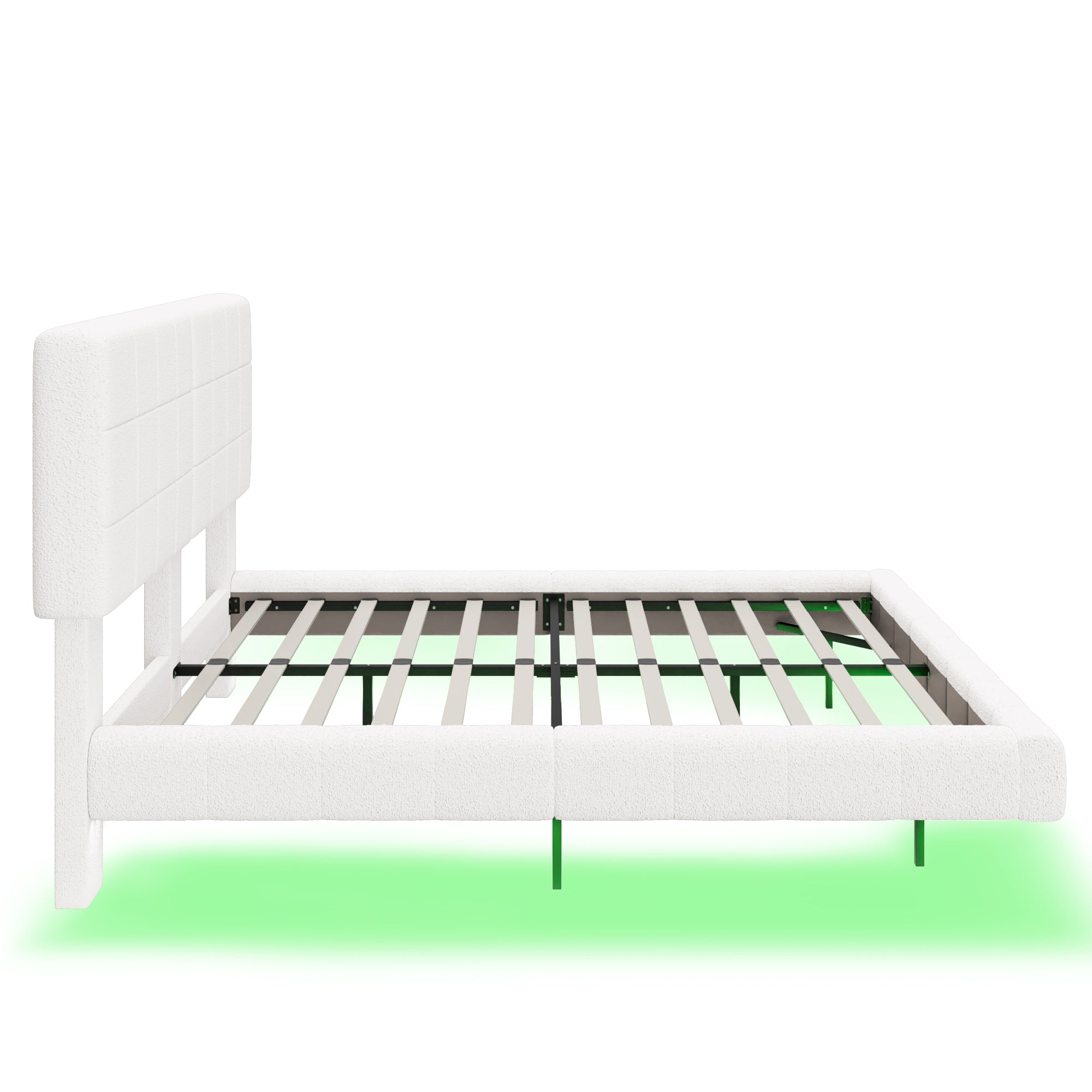 White Boucle Floating Bed with Light,Queen Bed Frame