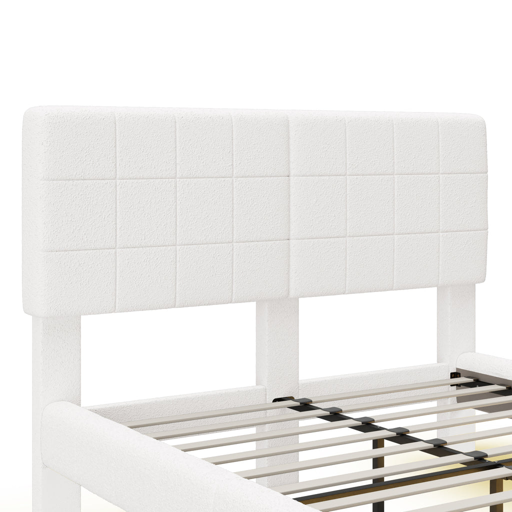 White Boucle Floating Bed with Light,Queen Bed Frame