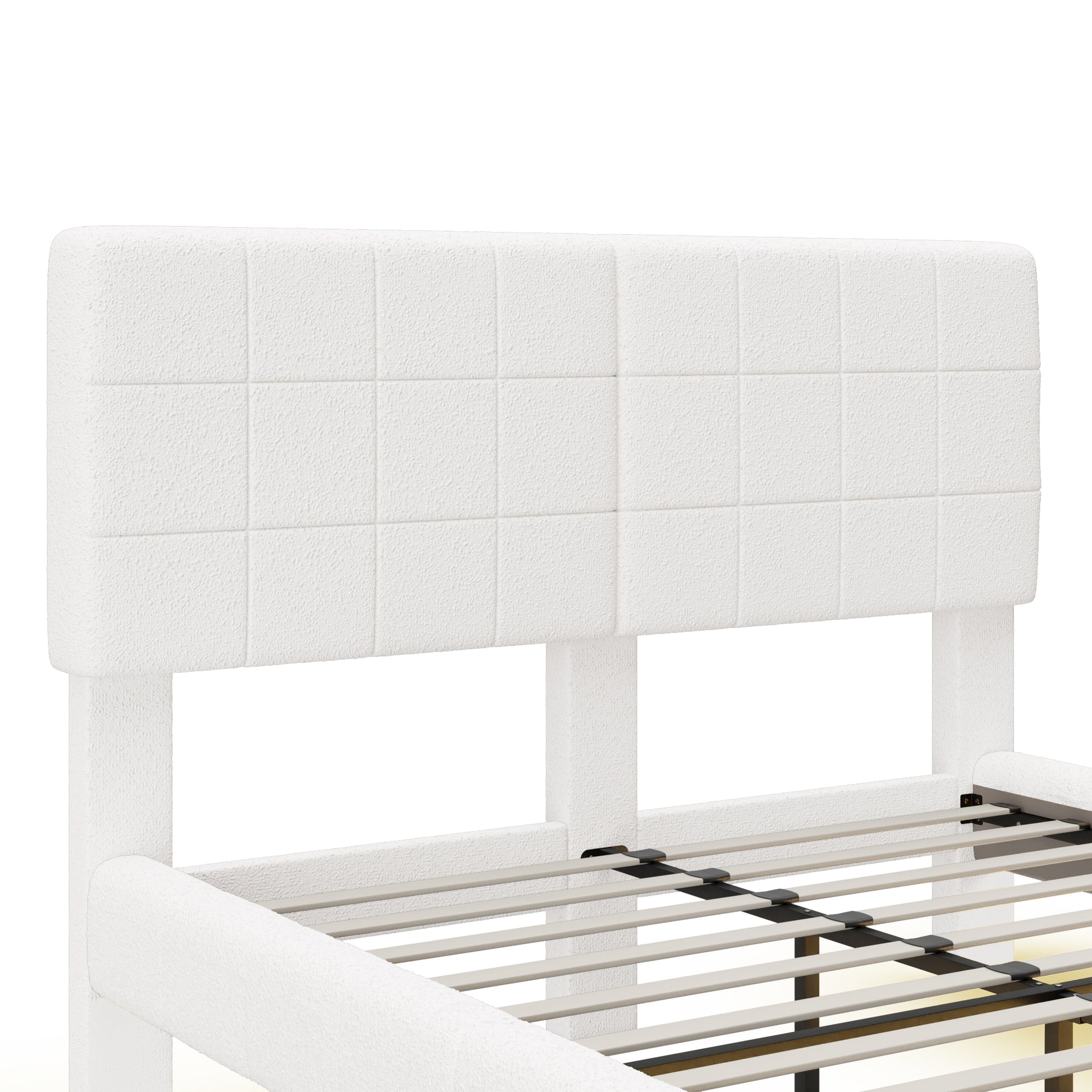 White Boucle Floating Bed with Light,Queen Bed Frame