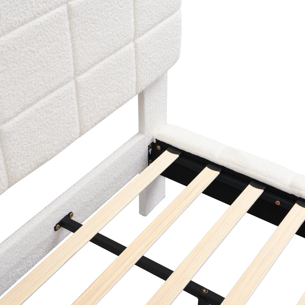 White Boucle Floating Bed with Light,Queen Bed Frame