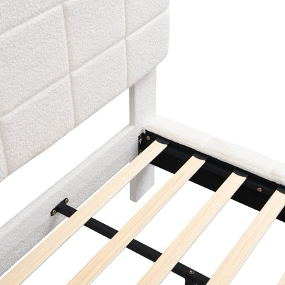 White Boucle Floating Bed with Light,Queen Bed Frame