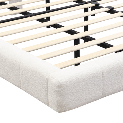 White Boucle Floating Bed with Light,Queen Bed Frame