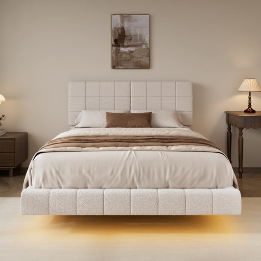 White Boucle Floating Bed with Light,Queen Bed Frame