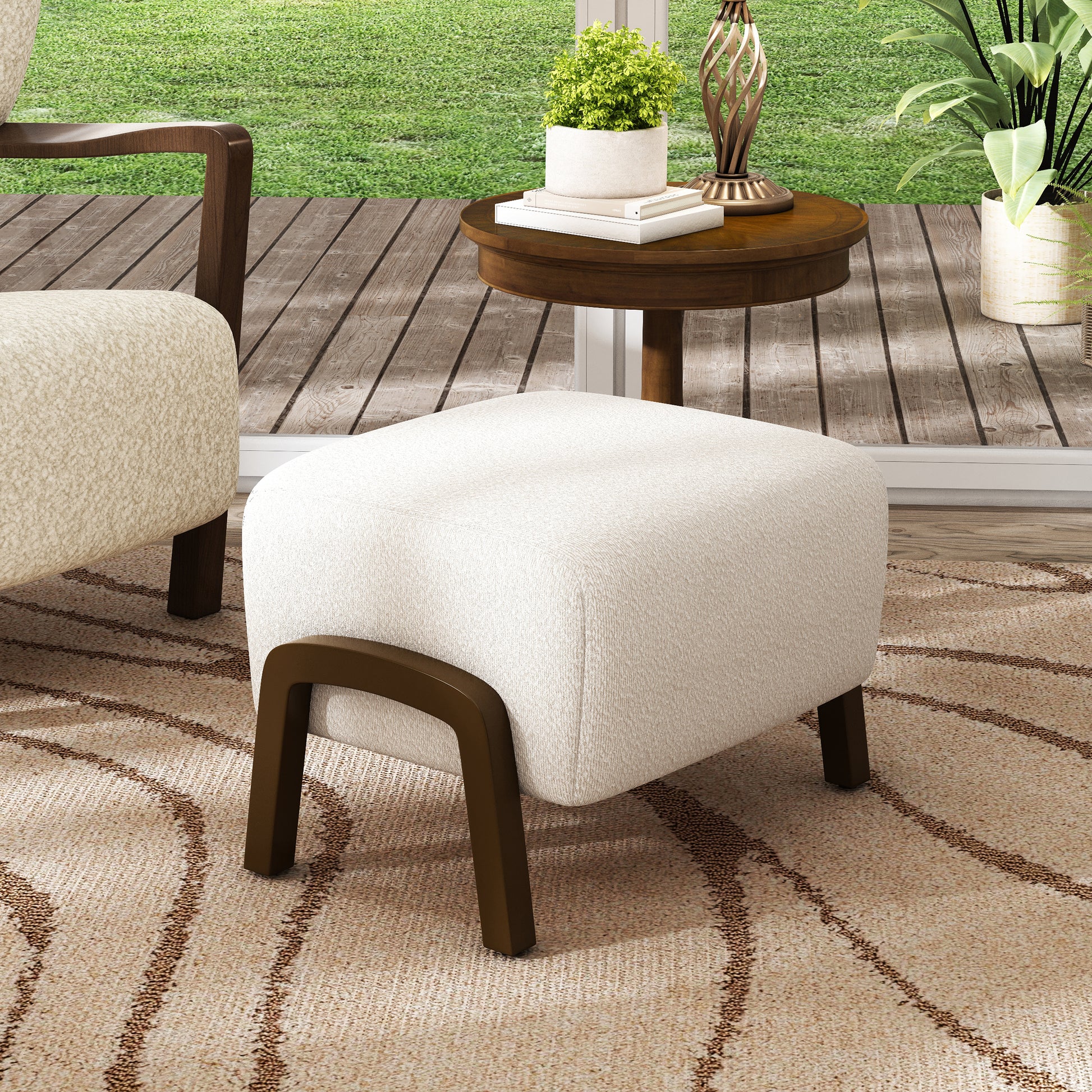Upholstered Ottoman, Wooden Legs, White, Boucle Ottoman