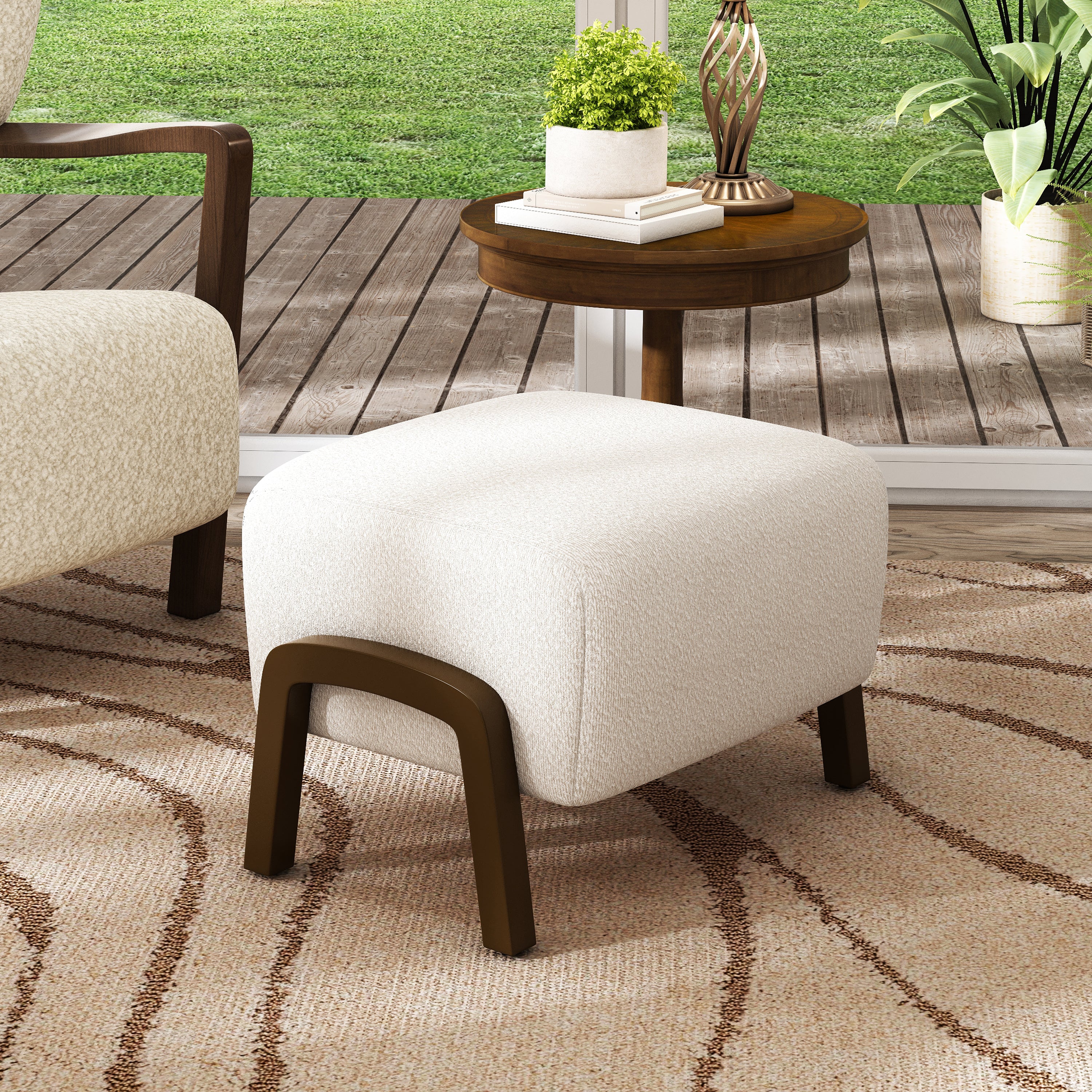 Upholstered Ottoman, Wooden Legs, White, Boucle Ottoman