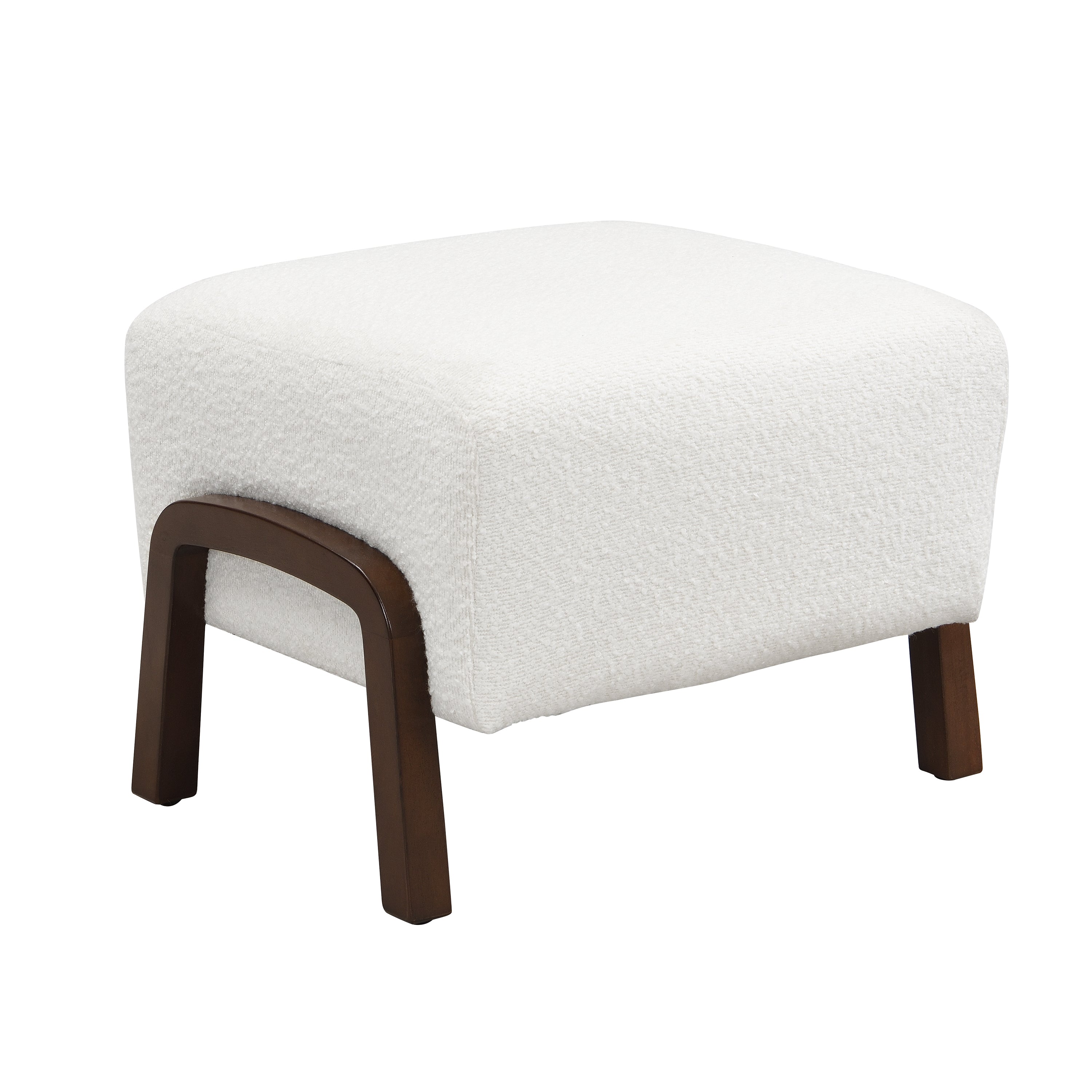 Upholstered Ottoman, Wooden Legs, White, Boucle Ottoman