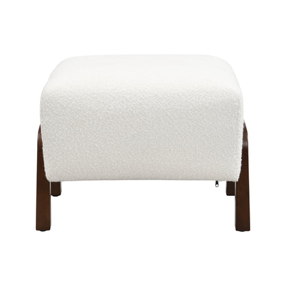 Upholstered Ottoman, Wooden Legs, White, Boucle Ottoman