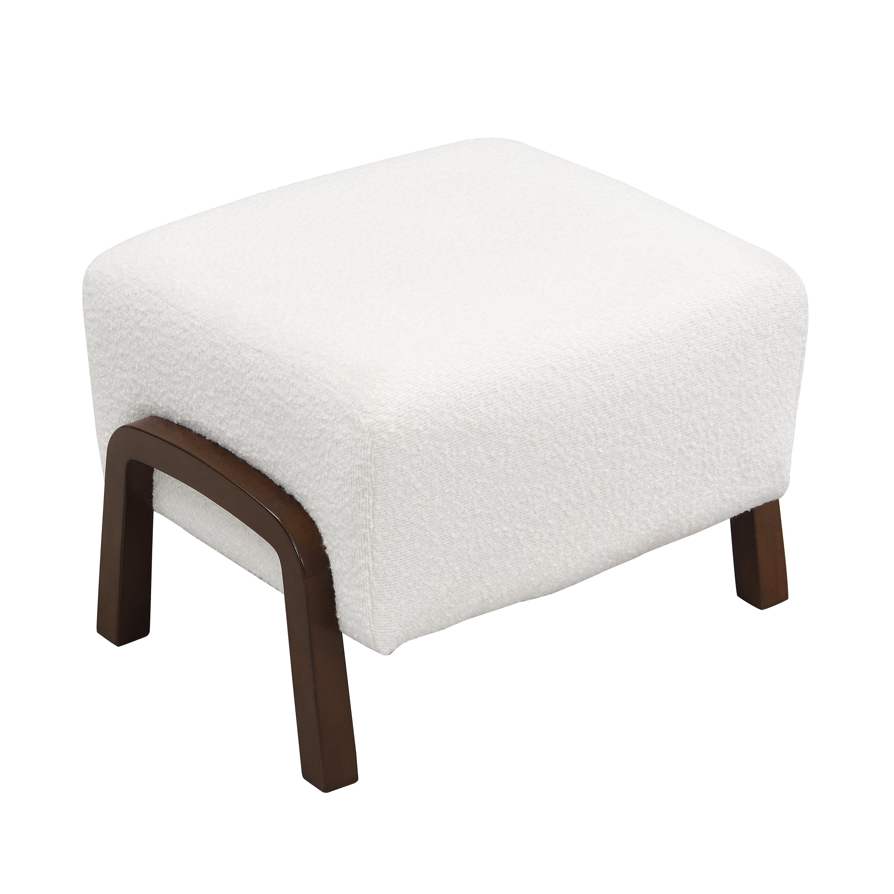 Upholstered Ottoman, Wooden Legs, White, Boucle Ottoman