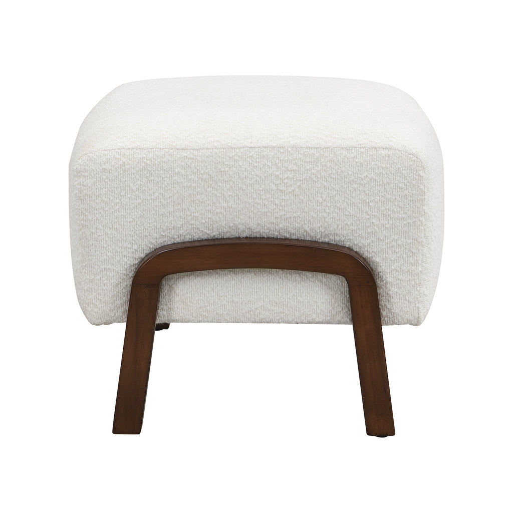 Upholstered Ottoman, Wooden Legs, White, Boucle Ottoman