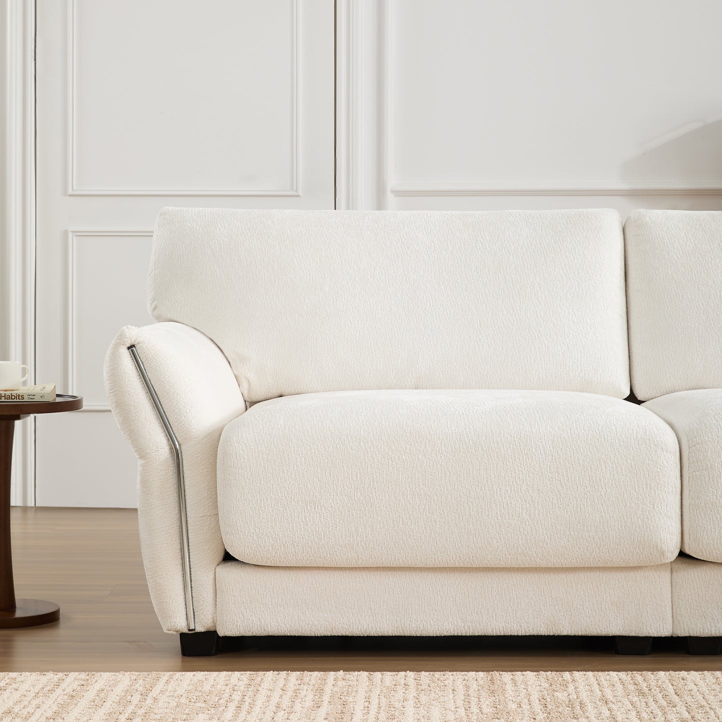 [VIDEO]110' Modular Sectional Sofa, L-Shape with Extra-Wide Seat Cushion, USB and Type-C Charger, Petal Armrest Design, High Density Foam, Free Movement Ottoman, Wood Frame, Chenille, 4 Seat, 3 Colors