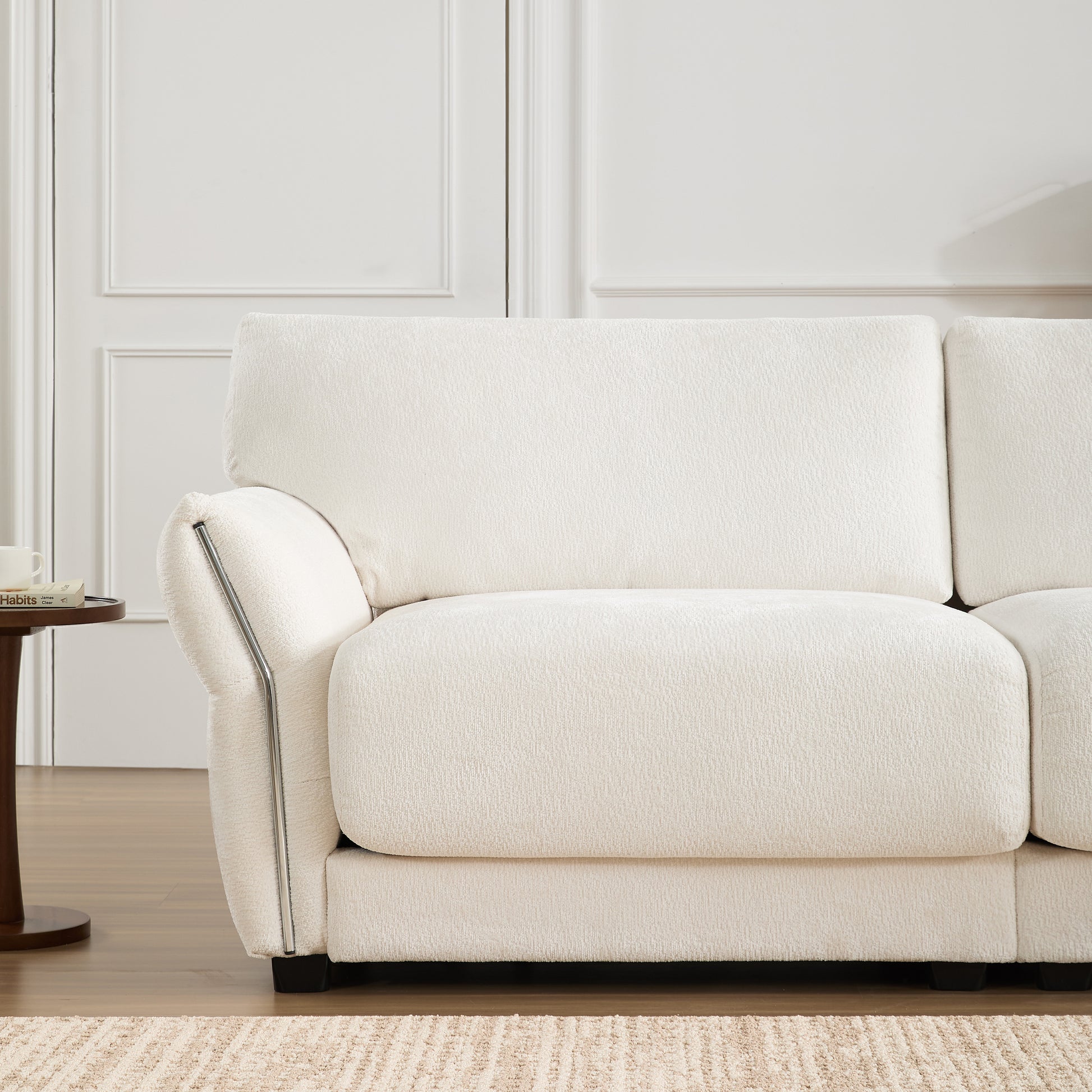 [VIDEO]110' Modular Sectional Sofa, L-Shape with Extra-Wide Seat Cushion, USB and Type-C Charger, Petal Armrest Design, High Density Foam, Free Movement Ottoman, Wood Frame, Chenille, 4 Seat, 3 Colors