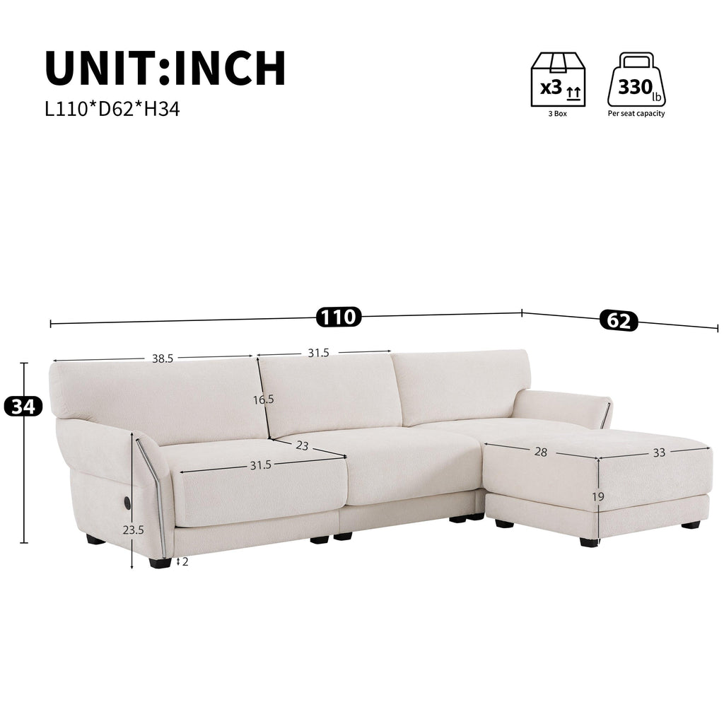 White Chenille L-Shaped Modular Sectional Sofa With USB.