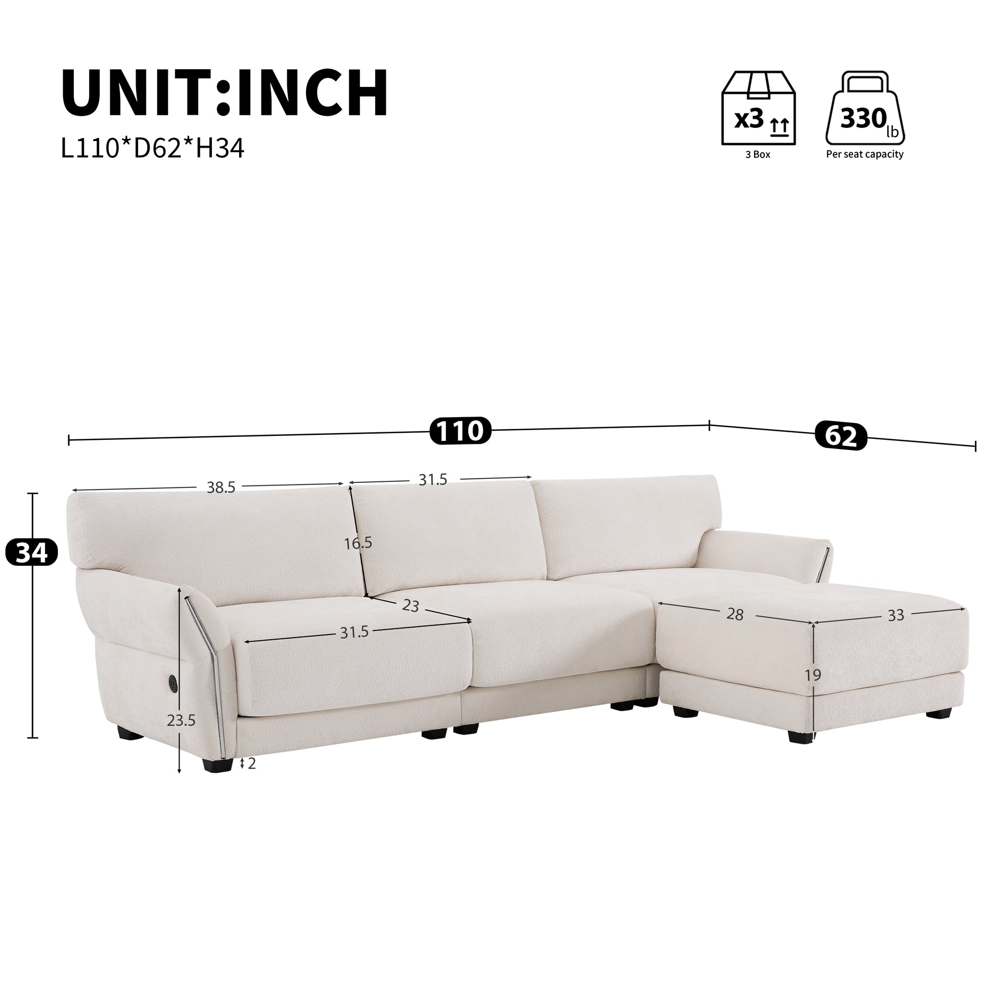 [VIDEO]110' Modular Sectional Sofa, L-Shape with Extra-Wide Seat Cushion, USB and Type-C Charger, Petal Armrest Design, High Density Foam, Free Movement Ottoman, Wood Frame, Chenille, 4 Seat, 3 Colors