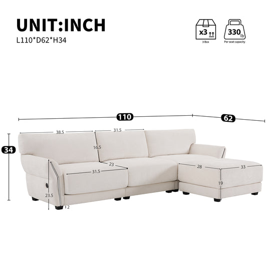 [VIDEO]110' Modular Sectional Sofa, L-Shape with Extra-Wide Seat Cushion, USB and Type-C Charger, Petal Armrest Design, High Density Foam, Free Movement Ottoman, Wood Frame, Chenille, 4 Seat, 3 Colors