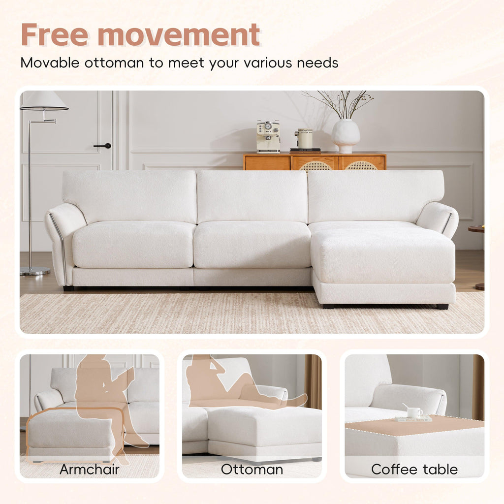White Chenille L-Shaped Modular Sectional Sofa With USB.