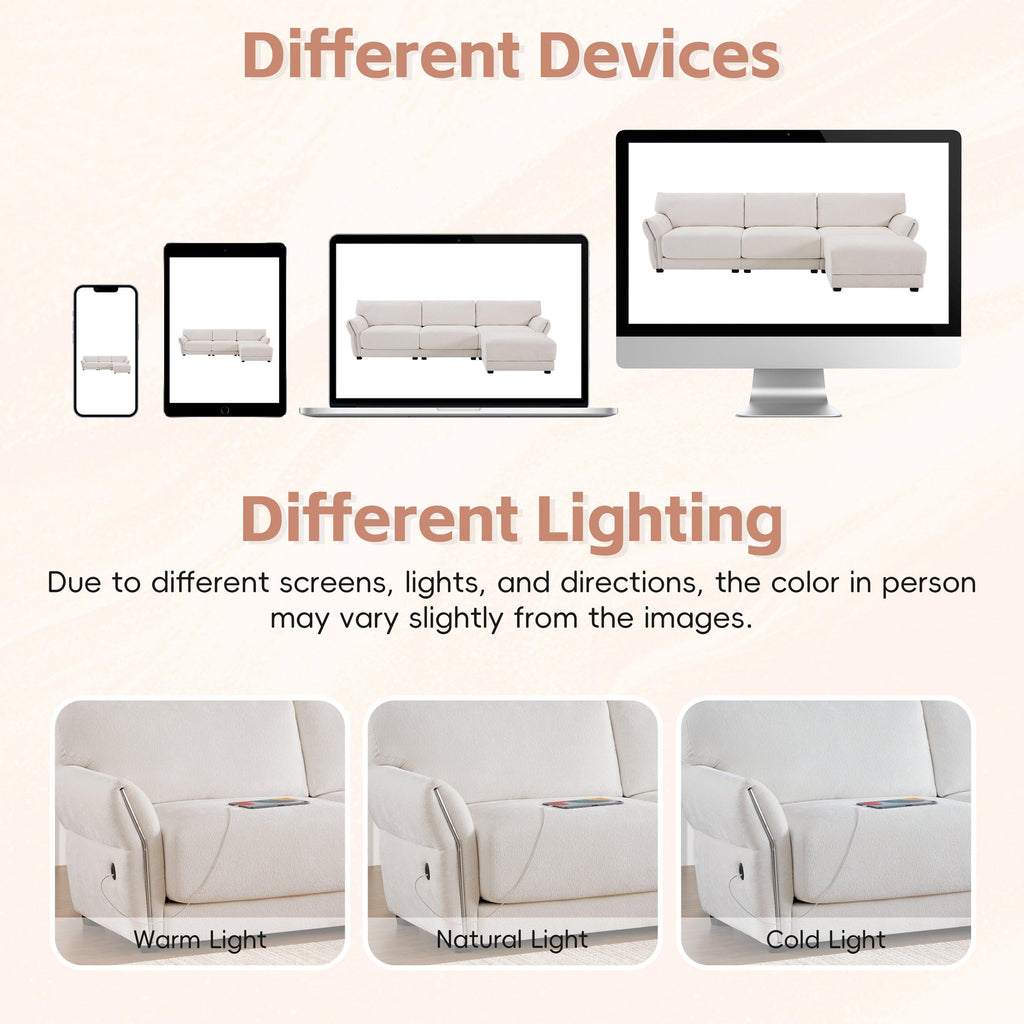 White Chenille L-Shaped Modular Sectional Sofa With USB.