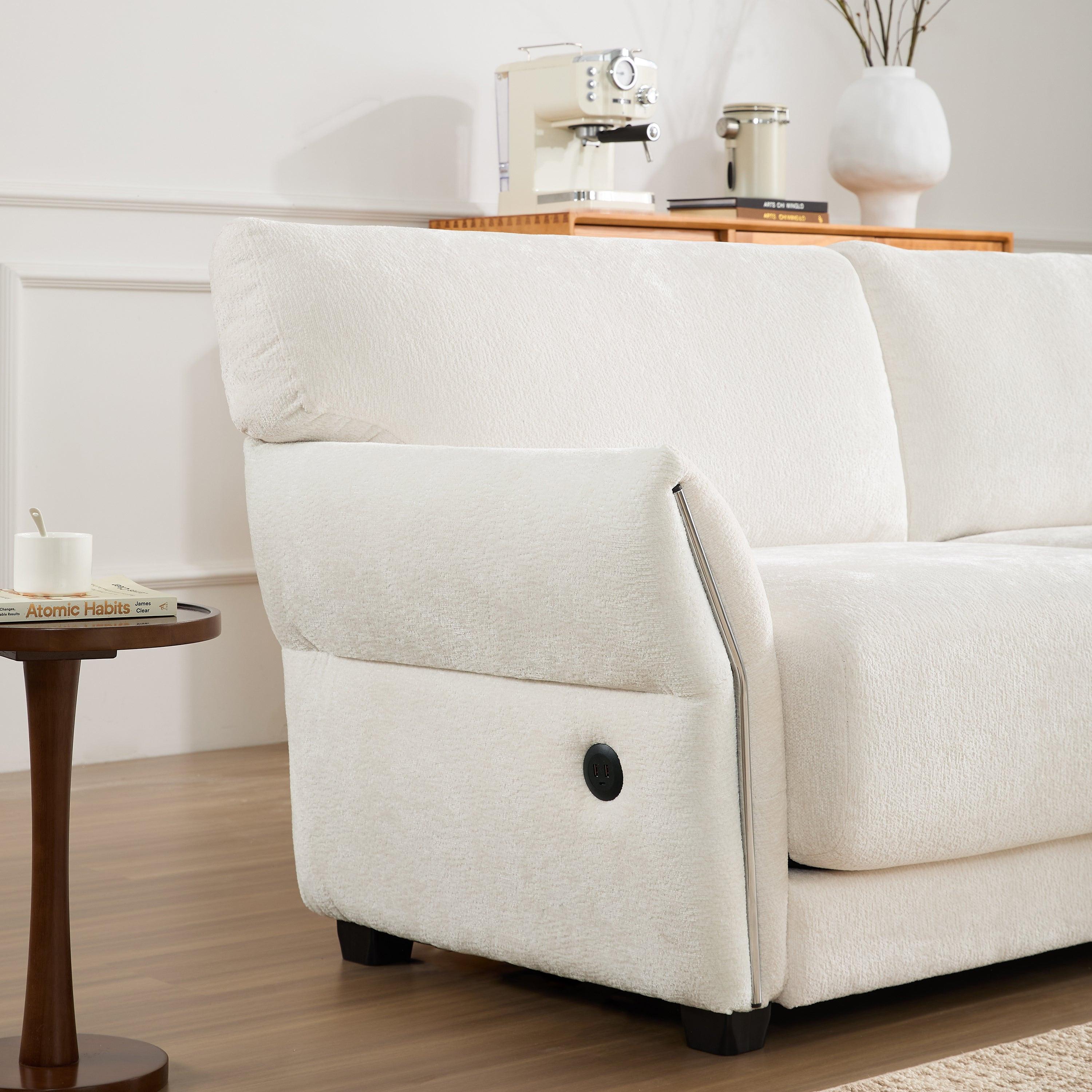 White Chenille L-Shaped Modular Sectional Sofa With USB.