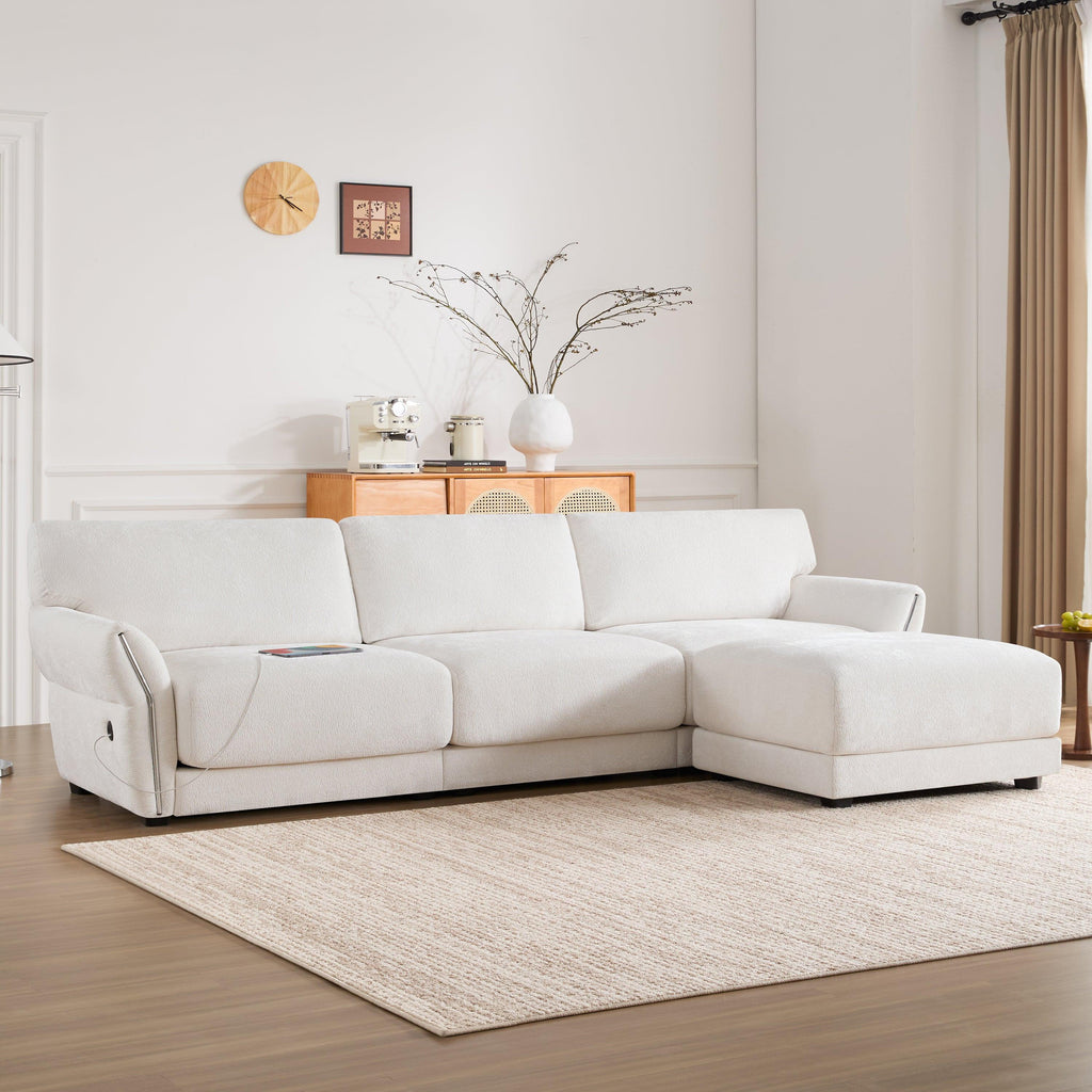 White Chenille L-Shaped Modular Sectional Sofa With USB.