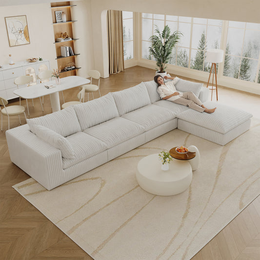 157.6'Cloud Sofa,Corduroy Fabric,Deep Seat Couches,Double-layer design,Removable Cushion,No Assembly,DIY Combination for Living room, Bedroom,Conference room ,Apartment,White