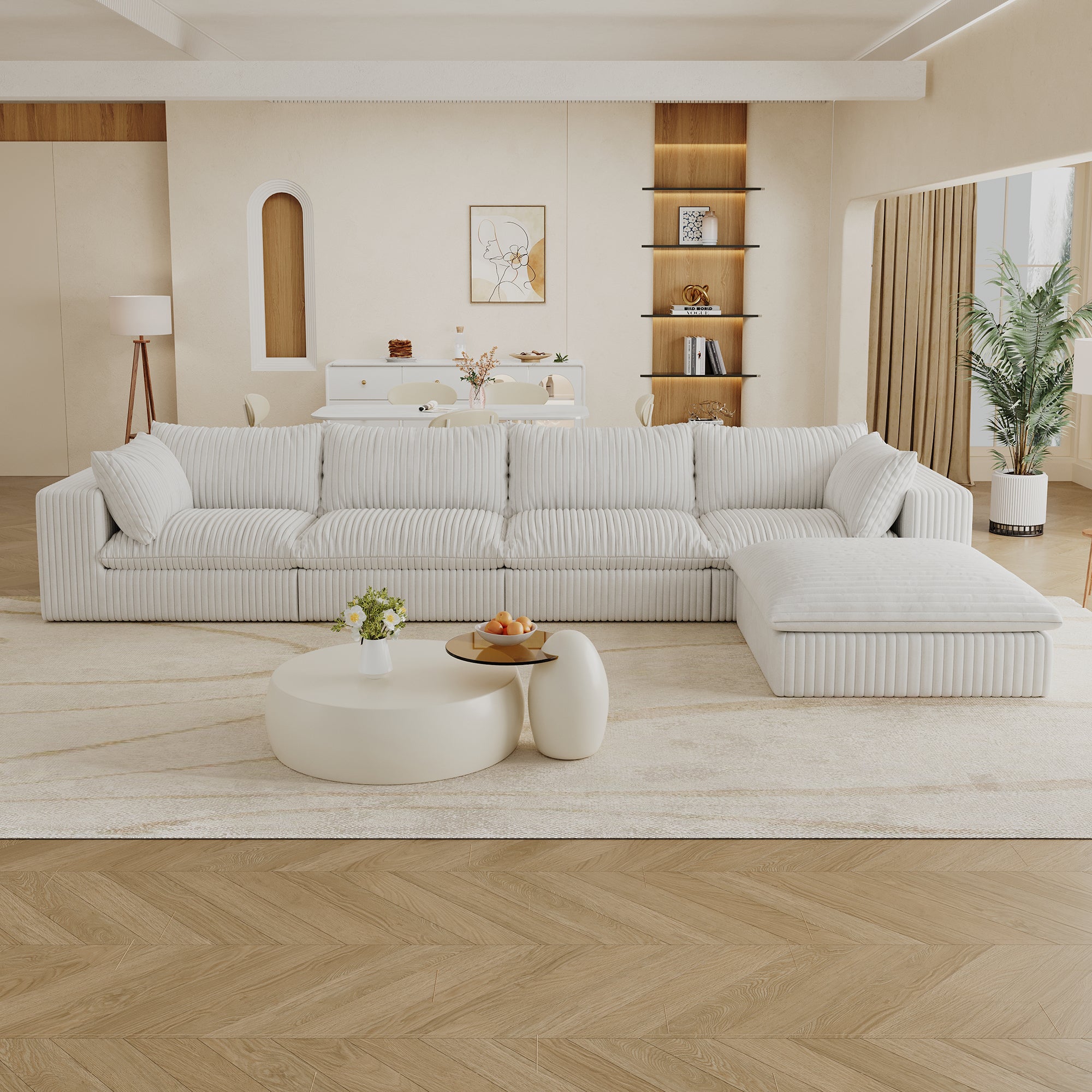 157.6'Cloud Sofa,Corduroy Fabric,Deep Seat Couches,Double-layer design,Removable Cushion,No Assembly,DIY Combination for Living room, Bedroom,Conference room ,Apartment,White