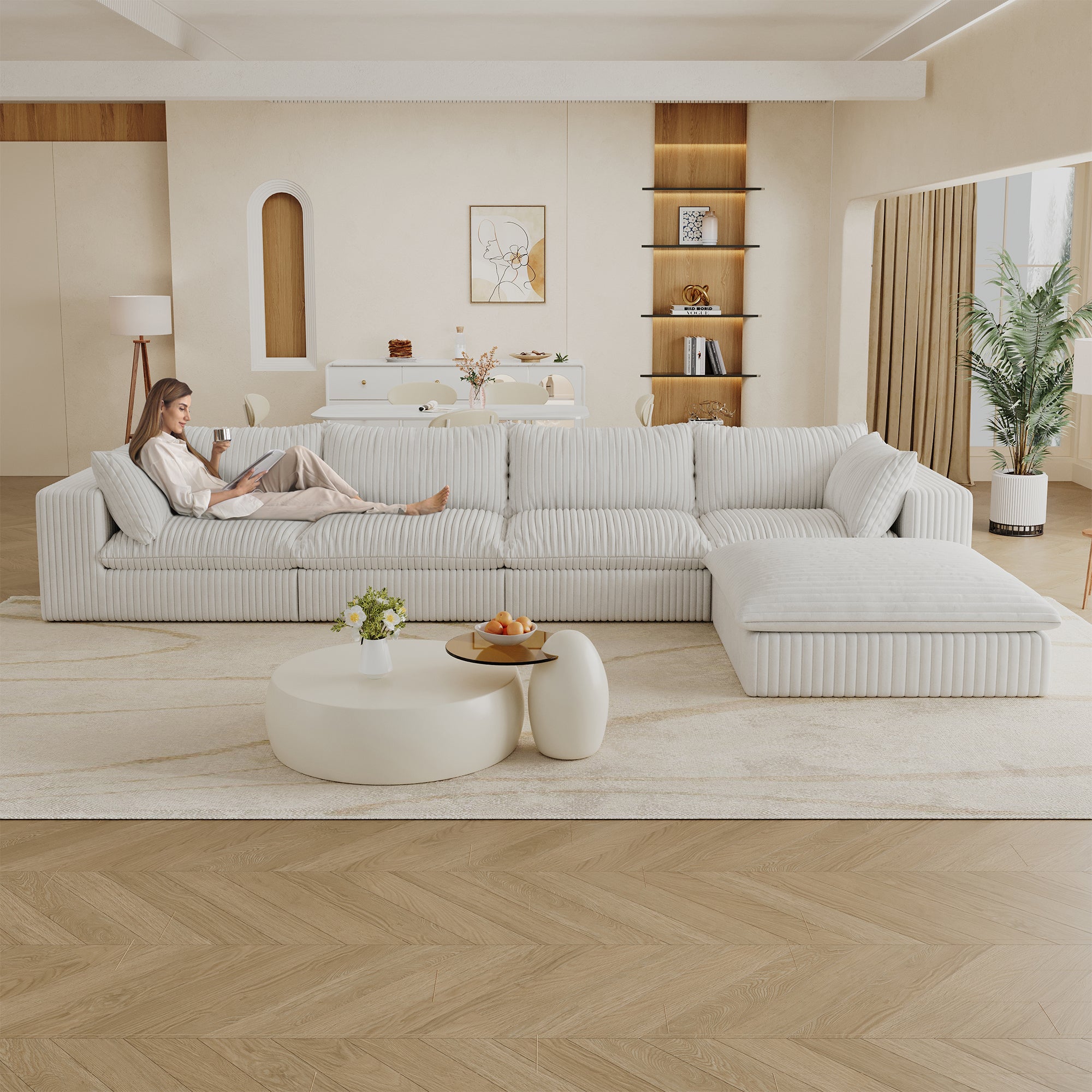 157.6'Cloud Sofa,Corduroy Fabric,Deep Seat Couches,Double-layer design,Removable Cushion,No Assembly,DIY Combination for Living room, Bedroom,Conference room ,Apartment,White