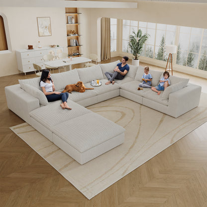 157.6' Cloud Sofa,Corduroy Fabric,Deep Seat Couches,Double-layer design,Removable Cushion,No Assembly, DIY Combination for Living room, Bedroom,Conference room ,Apartment,White