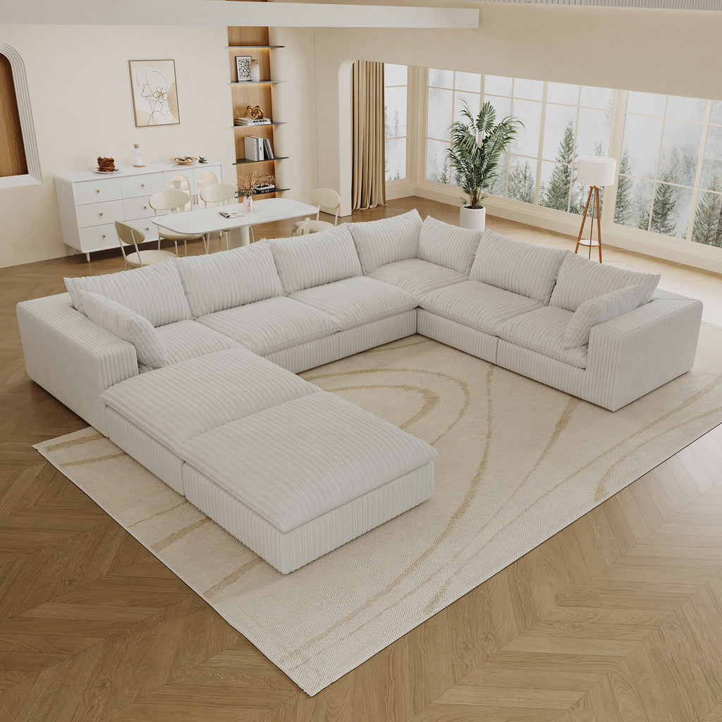 157.6' Cloud Sofa,Corduroy Fabric,Deep Seat Couches,Double-layer design,Removable Cushion,No Assembly, DIY Combination for Living room, Bedroom,Conference room ,Apartment,White