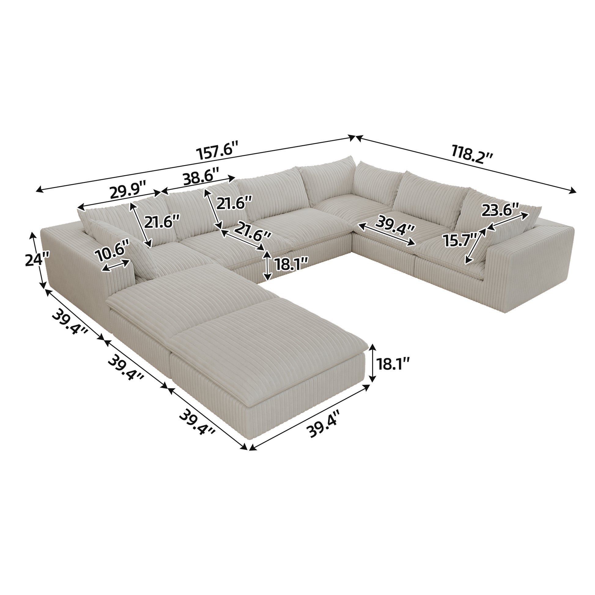 157.6' Cloud Sofa,Corduroy Fabric,Deep Seat Couches,Double-layer design,Removable Cushion,No Assembly, DIY Combination for Living room, Bedroom,Conference room ,Apartment,White