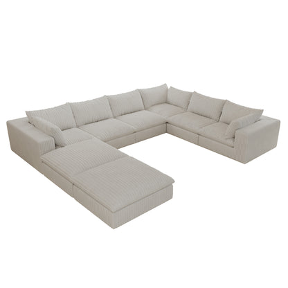 157.6' Cloud Sofa,Corduroy Fabric,Deep Seat Couches,Double-layer design,Removable Cushion,No Assembly, DIY Combination for Living room, Bedroom,Conference room ,Apartment,White