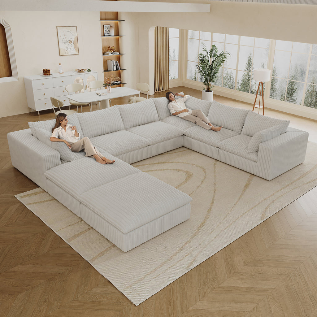 157.6' Cloud Sofa,Corduroy Fabric,Deep Seat Couches,Double-layer design,Removable Cushion,No Assembly, DIY Combination for Living room, Bedroom,Conference room ,Apartment,White