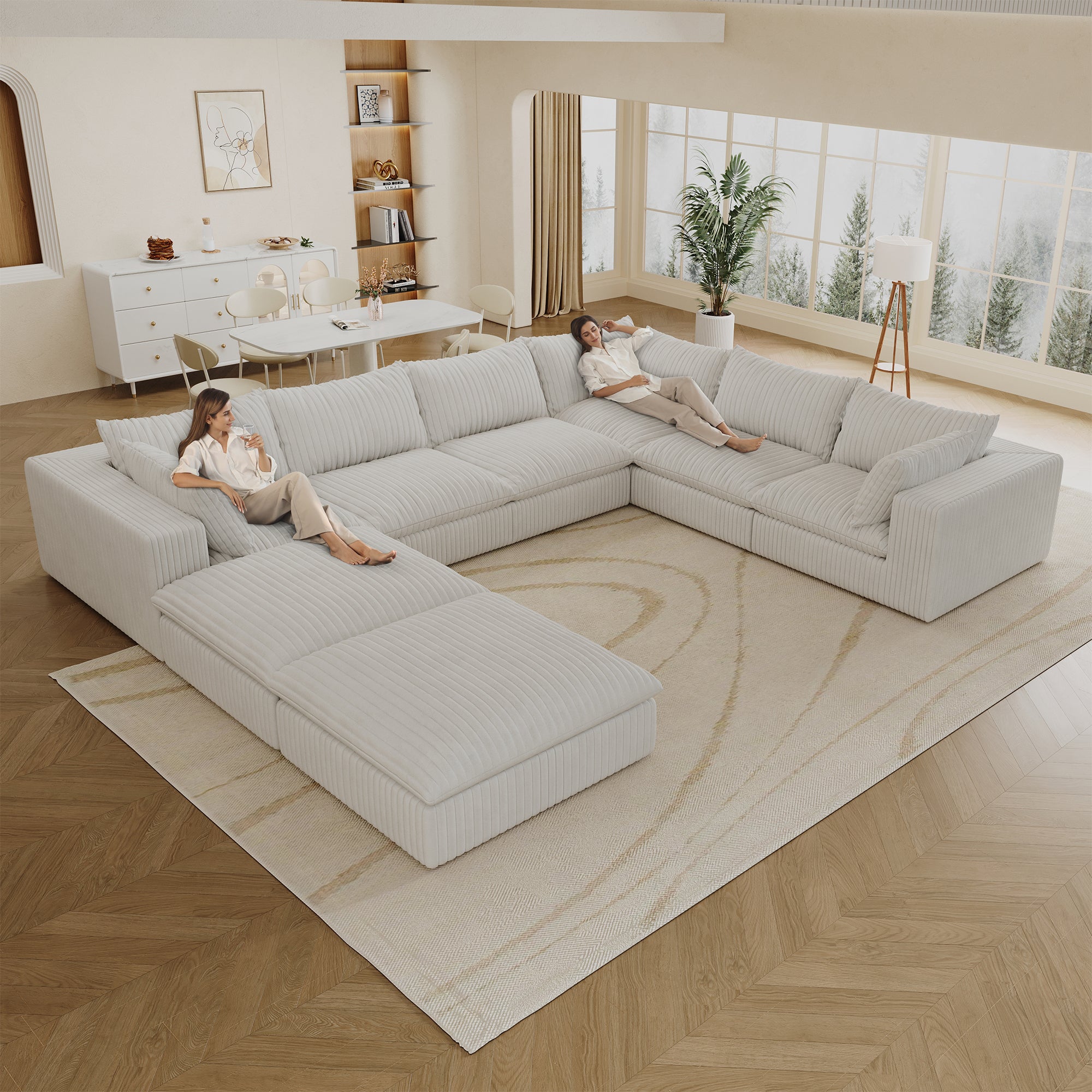 157.6' Cloud Sofa,Corduroy Fabric,Deep Seat Couches,Double-layer design,Removable Cushion,No Assembly, DIY Combination for Living room, Bedroom,Conference room ,Apartment,White