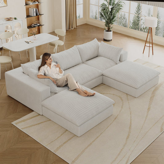 118.2' Cloud Sofa,Corduroy Fabric,Deep Seat Couches,Double-layer design,Removable Cushion,No Assembly, DIY Combination for Living room, Bedroom,Conference room ,Apartment,White