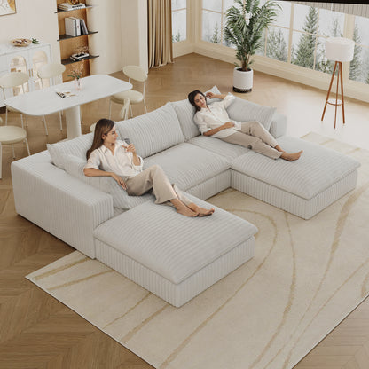 118.2' Cloud Sofa,Corduroy Fabric,Deep Seat Couches,Double-layer design,Removable Cushion,No Assembly, DIY Combination for Living room, Bedroom,Conference room ,Apartment,White