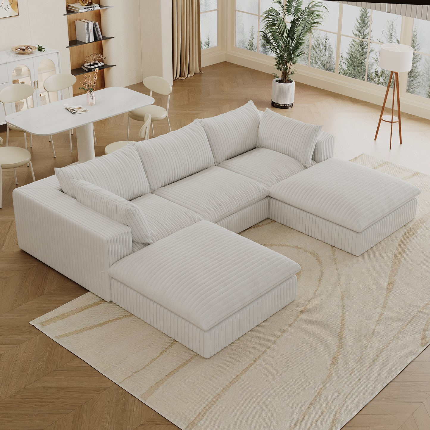 118.2' Cloud Sofa,Corduroy Fabric,Deep Seat Couches,Double-layer design,Removable Cushion,No Assembly, DIY Combination for Living room, Bedroom,Conference room ,Apartment,White
