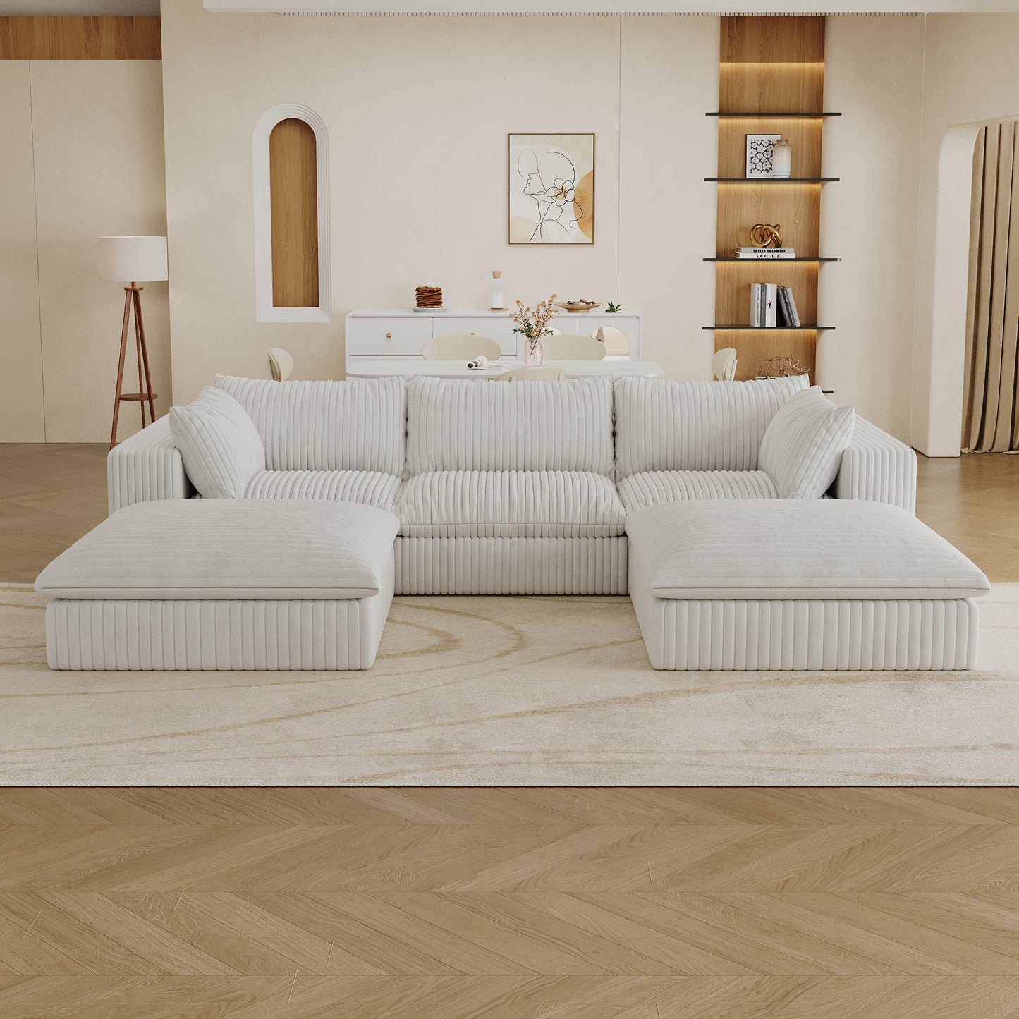 118.2' Cloud Sofa,Corduroy Fabric,Deep Seat Couches,Double-layer design,Removable Cushion,No Assembly, DIY Combination for Living room, Bedroom,Conference room ,Apartment,White