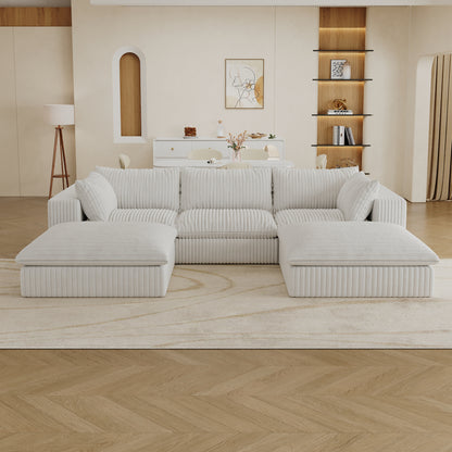 118.2' Cloud Sofa,Corduroy Fabric,Deep Seat Couches,Double-layer design,Removable Cushion,No Assembly, DIY Combination for Living room, Bedroom,Conference room ,Apartment,White