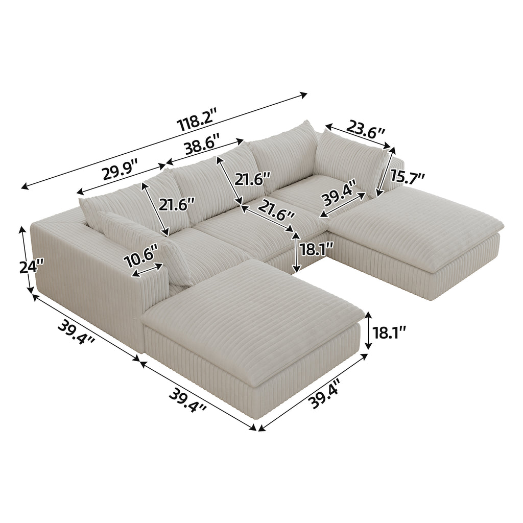 118.2' Cloud Sofa,Corduroy Fabric,Deep Seat Couches,Double-layer design,Removable Cushion,No Assembly, DIY Combination for Living room, Bedroom,Conference room ,Apartment,White