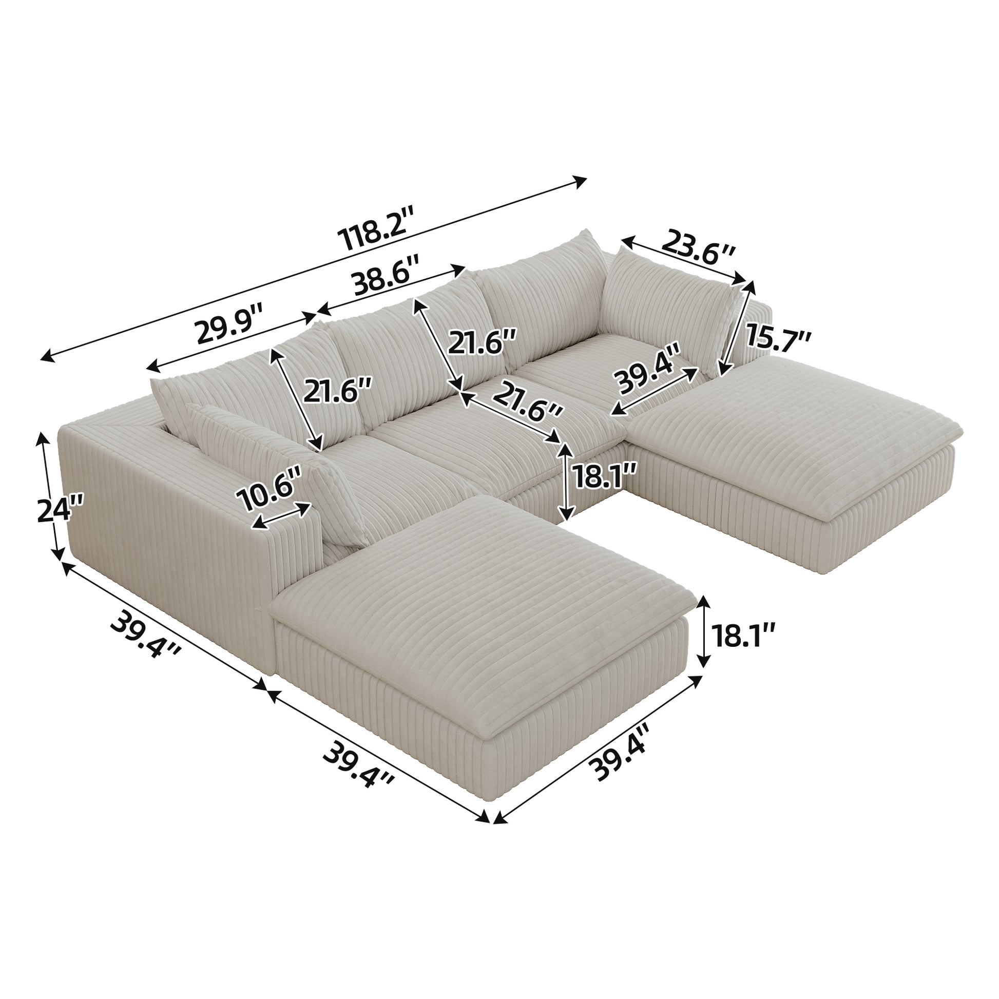 118.2' Cloud Sofa,Corduroy Fabric,Deep Seat Couches,Double-layer design,Removable Cushion,No Assembly, DIY Combination for Living room, Bedroom,Conference room ,Apartment,White