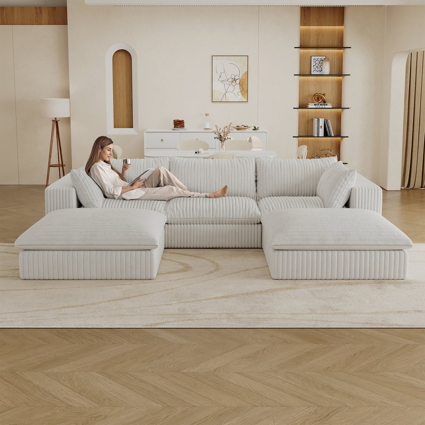 118.2' Cloud Sofa,Corduroy Fabric,Deep Seat Couches,Double-layer design,Removable Cushion,No Assembly, DIY Combination for Living room, Bedroom,Conference room ,Apartment,White