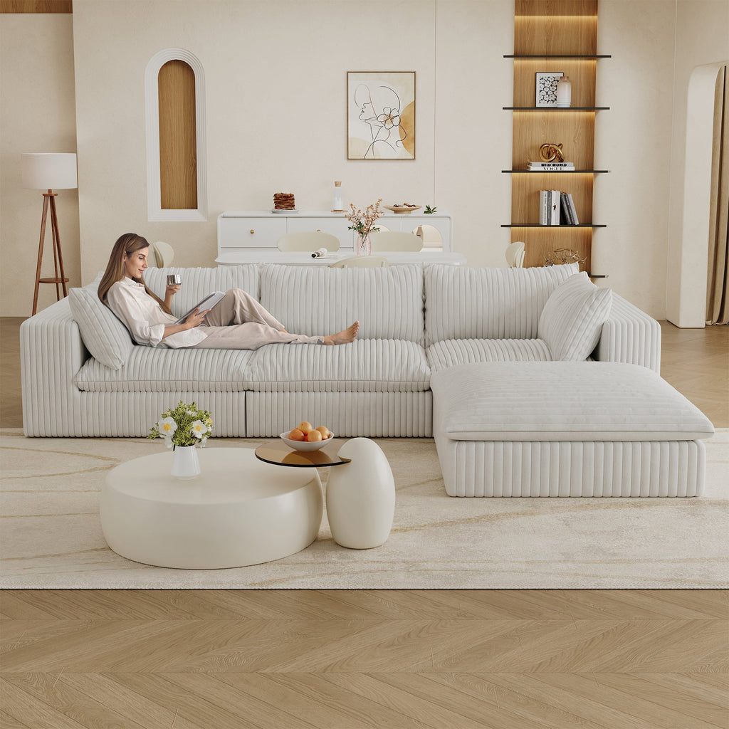 118.2' Cloud Sofa,Corduroy Fabric,Deep Seat Couches,Double-layer design,Removable Cushion,No Assembly, DIY Combination for Living room, Bedroom,Conference room ,Apartment,White - Groovy Boardz