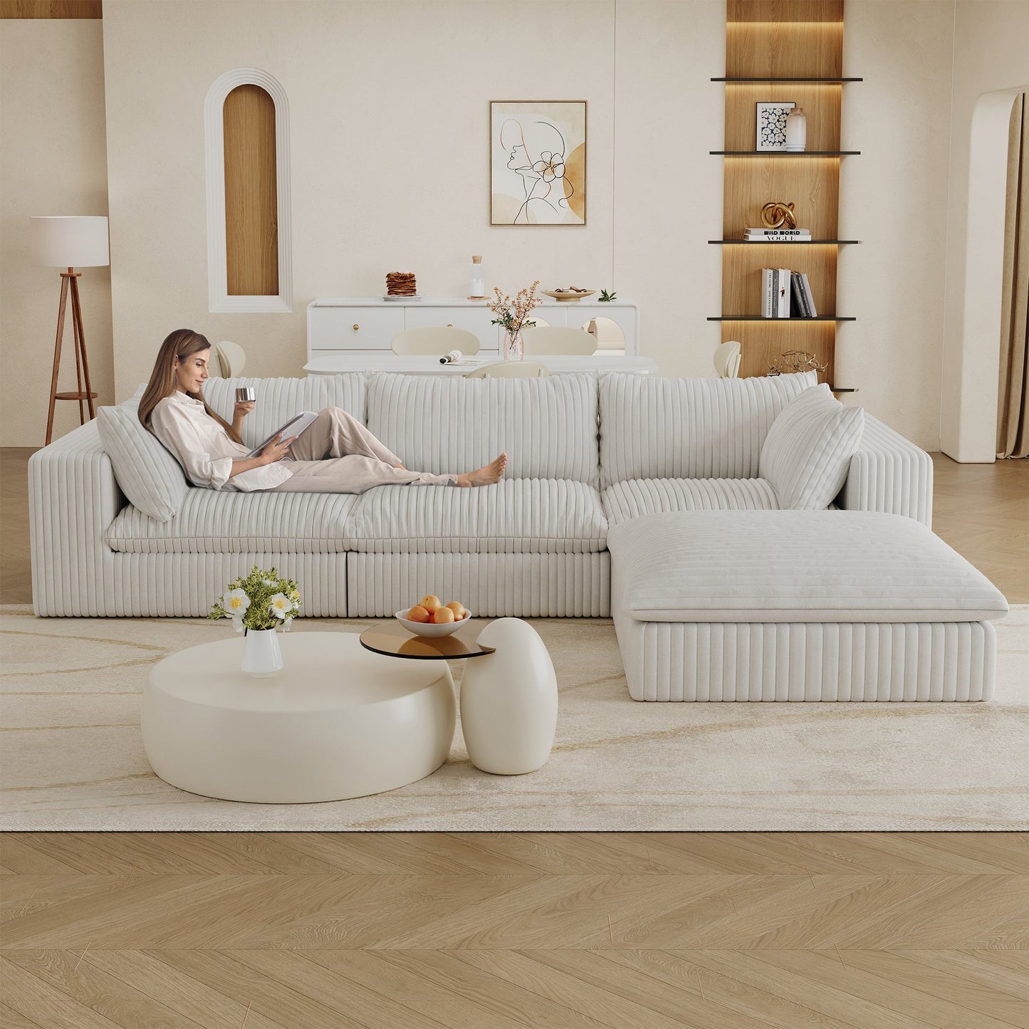 118.2' Cloud Sofa,Corduroy Fabric,Deep Seat Couches,Double-layer design,Removable Cushion,No Assembly, DIY Combination for Living room, Bedroom,Conference room ,Apartment,White - Groovy Boardz