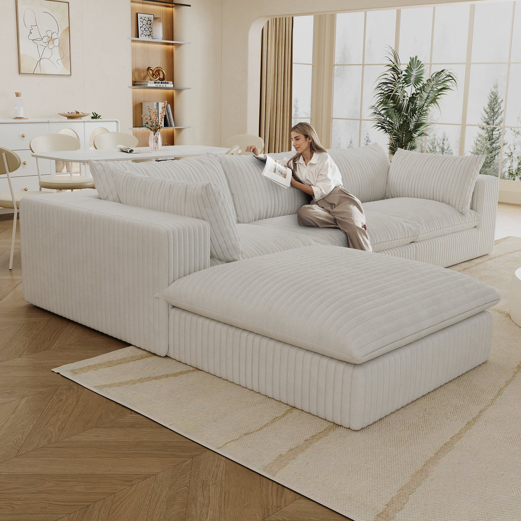 118.2' Cloud Sofa,Corduroy Fabric,Deep Seat Couches,Double-layer design,Removable Cushion,No Assembly, DIY Combination for Living room, Bedroom,Conference room ,Apartment,White - Groovy Boardz