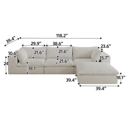 118.2' Cloud Sofa,Corduroy Fabric,Deep Seat Couches,Double-layer design,Removable Cushion,No Assembly, DIY Combination for Living room, Bedroom,Conference room ,Apartment,White - Groovy Boardz