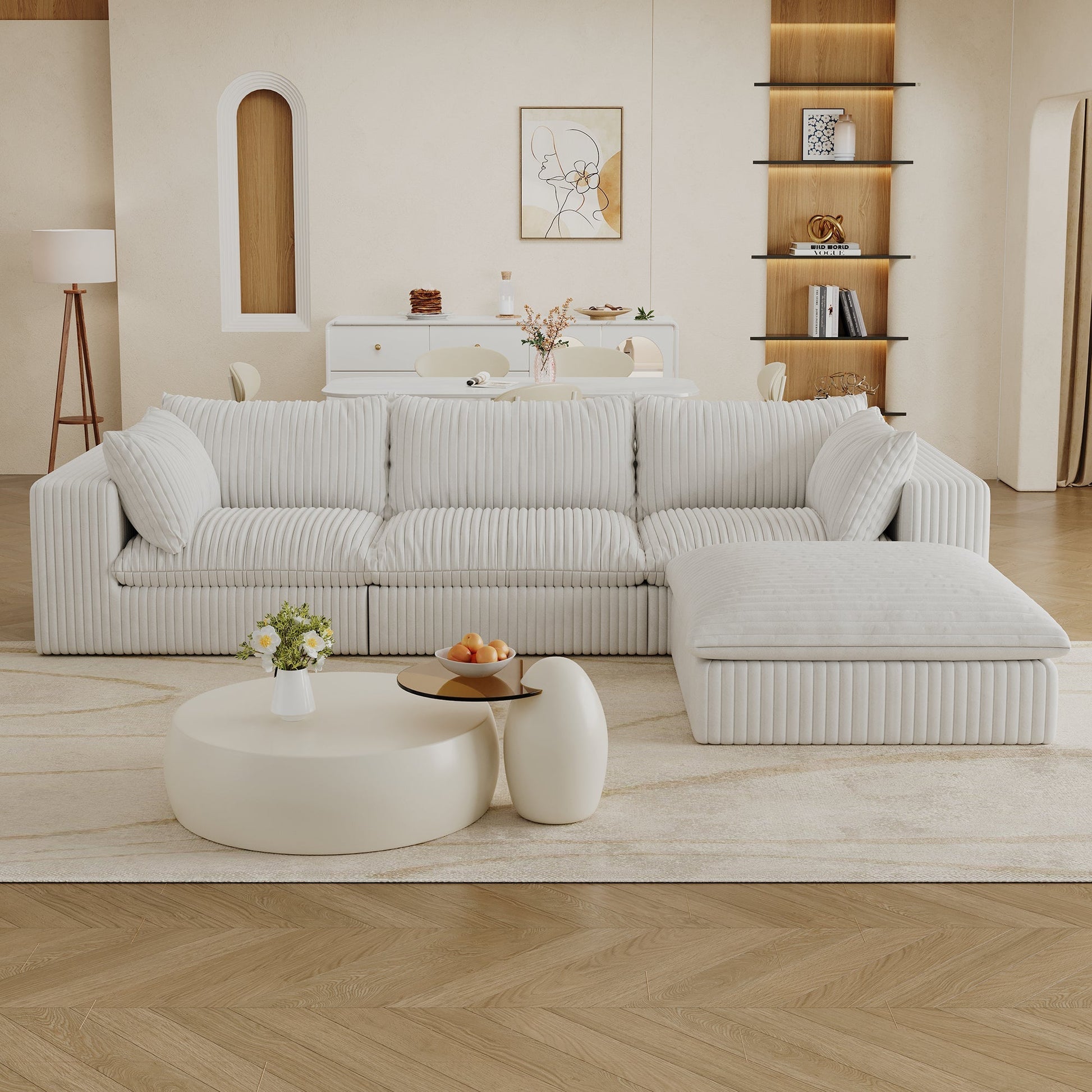 118.2' Cloud Sofa,Corduroy Fabric,Deep Seat Couches,Double-layer design,Removable Cushion,No Assembly, DIY Combination for Living room, Bedroom,Conference room ,Apartment,White - Groovy Boardz