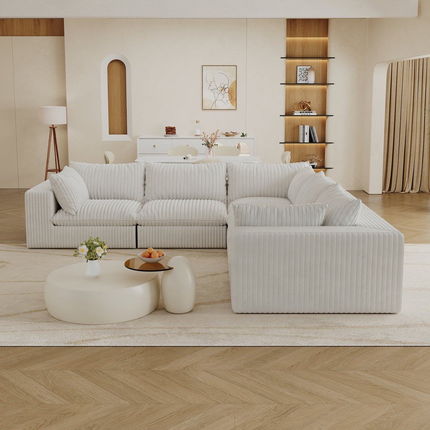 118.2' Cloud Sofa,Corduroy Fabric,Deep Seat Couches,Double-layer design,Removable Cushion,No Assembly, DIY Combination for Living room, Bedroom,Conference room ,Apartment,WHITE - Groovy Boardz